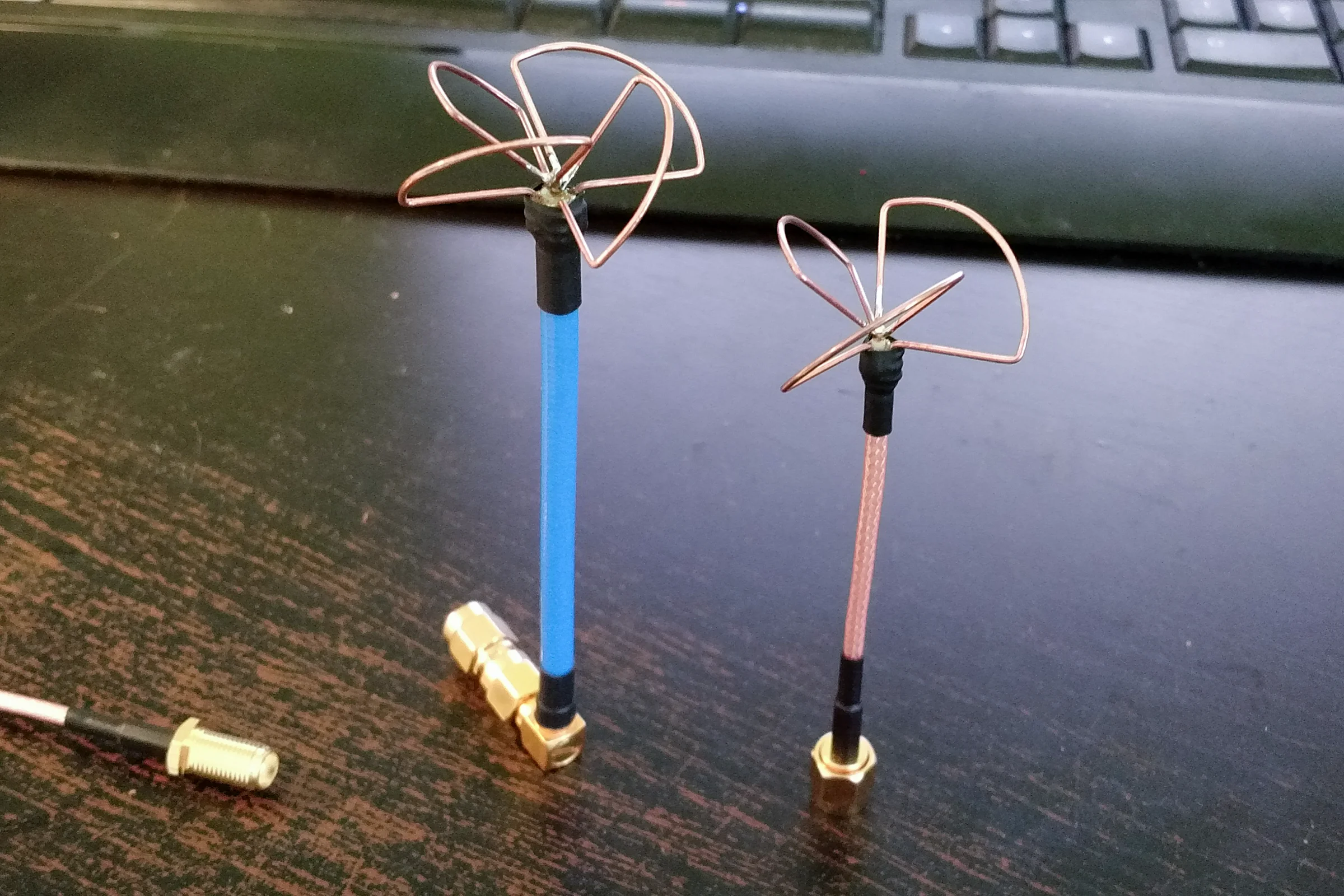 FPV Platforms and Goggle System — Matched pair of finished cloverleaf antennas produced with custom bending jig