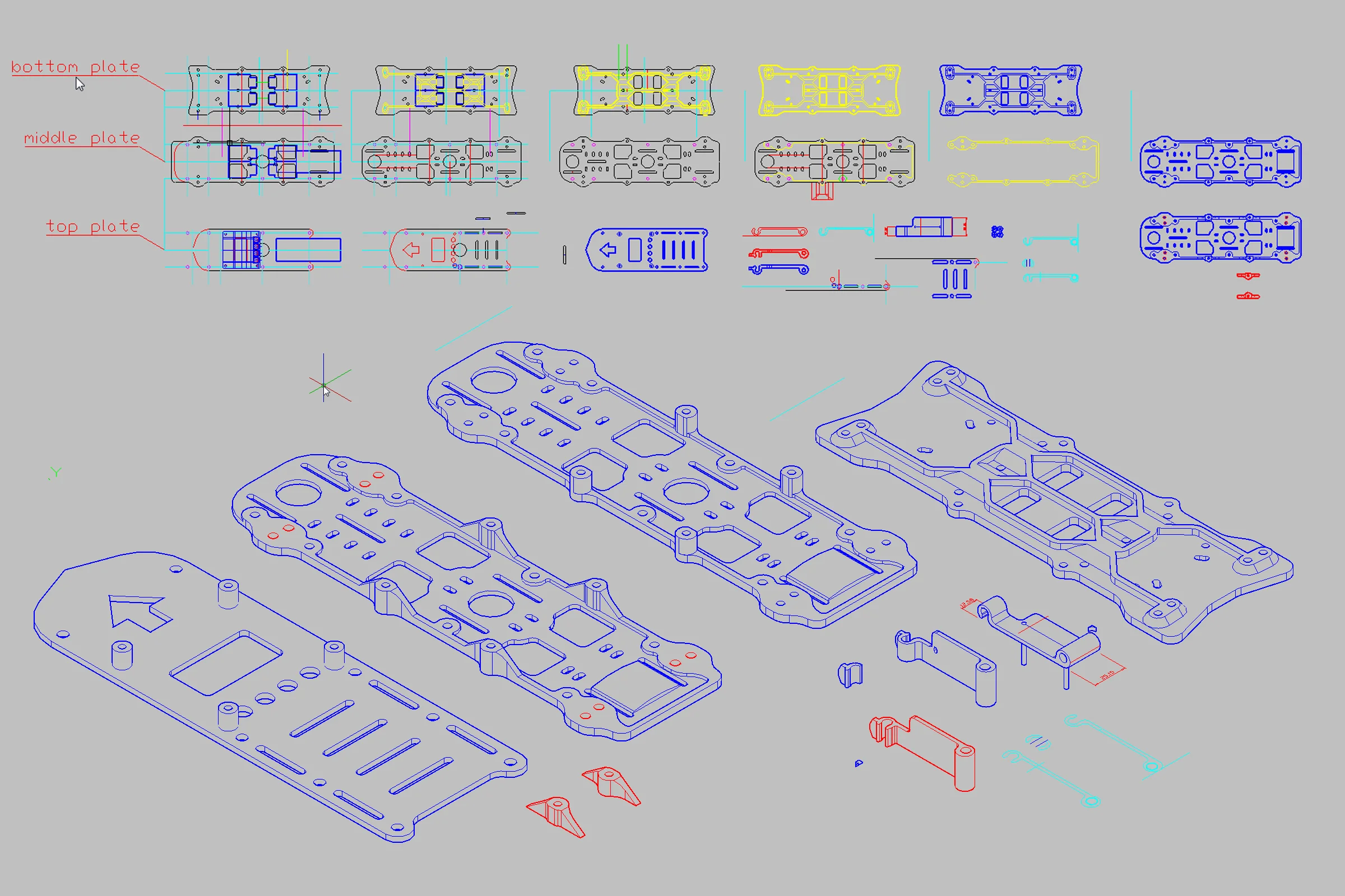 Technical CAD wireframe of Drone 1's H-frame, showing the multi-deck stacking and motor arm attachment points