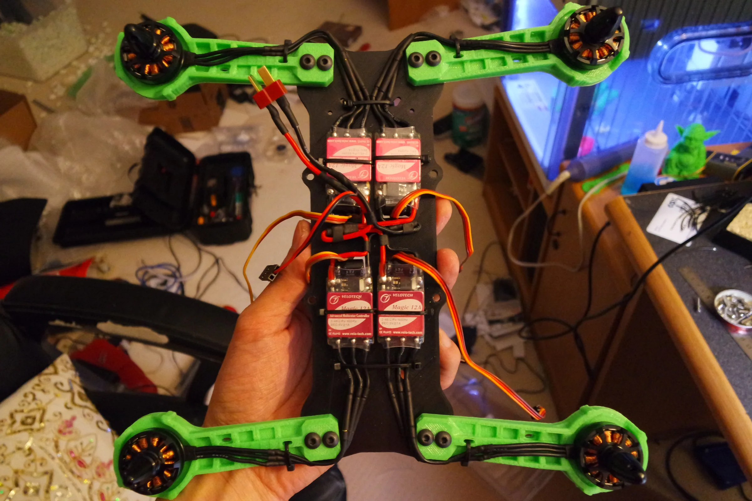 FPV Platforms and Goggle System — Drone 1 colored CAD render showing complete H-frame assembly with swing doors