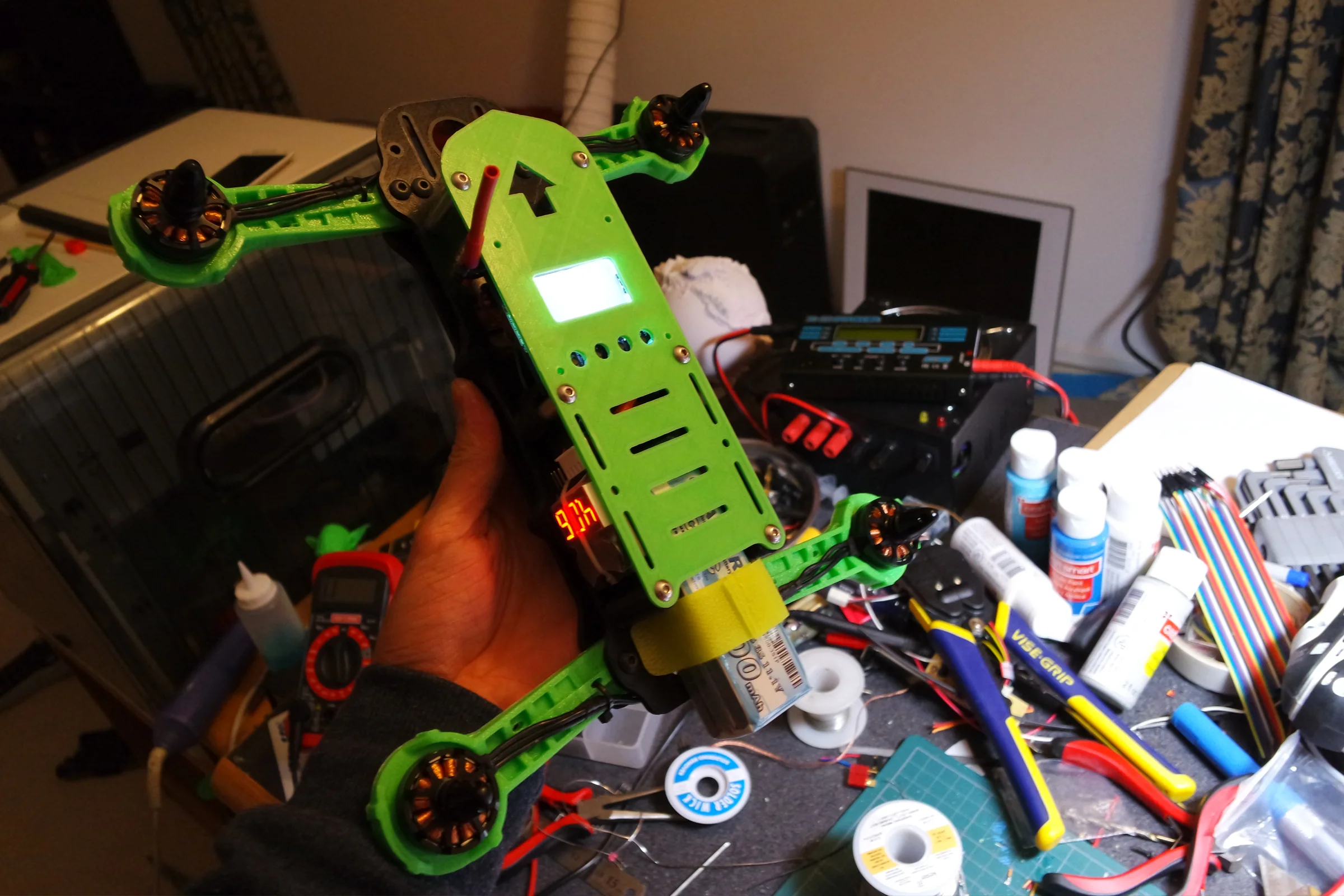 FPV Platforms and Goggle System — Drone 1 colored CAD render showing complete H-frame assembly with swing doors