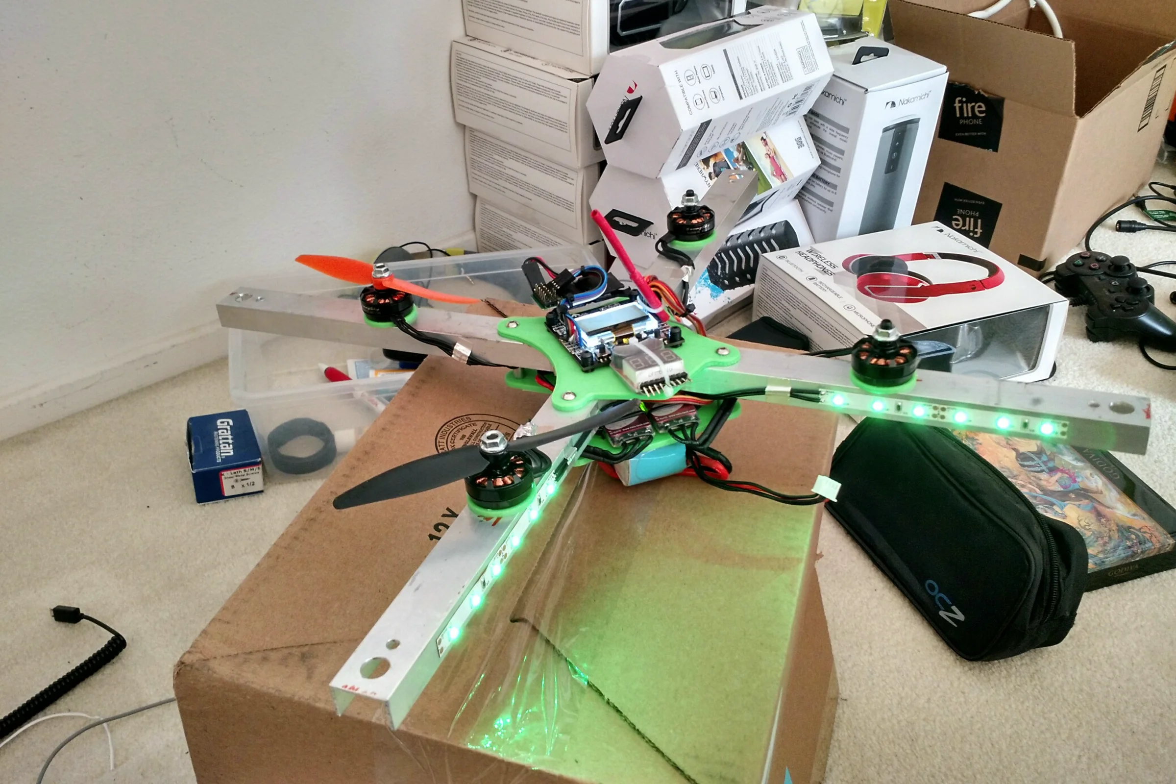 FPV Platforms and Goggle System — Drone 1 H-frame wireframe CAD showing three-deck structure and modular motor arms