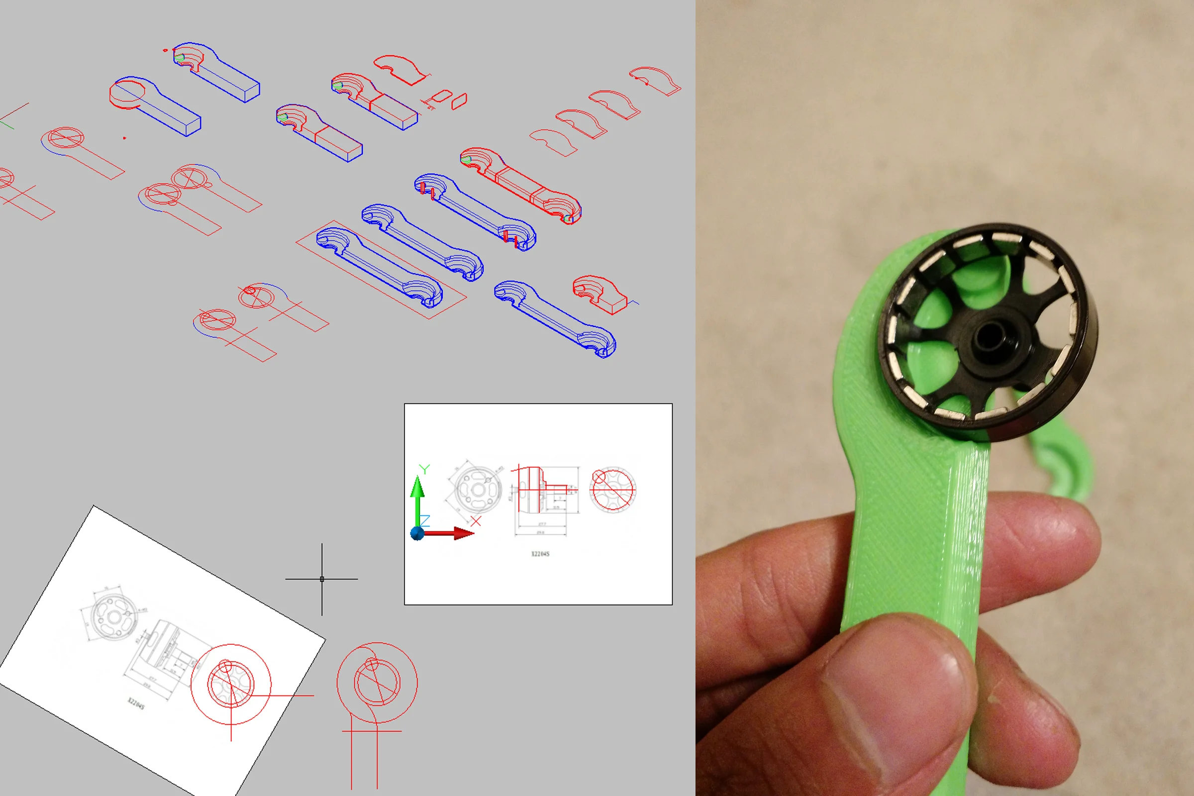 FPV Platforms and Goggle System — Drone 1 colored CAD render showing complete H-frame assembly with swing doors