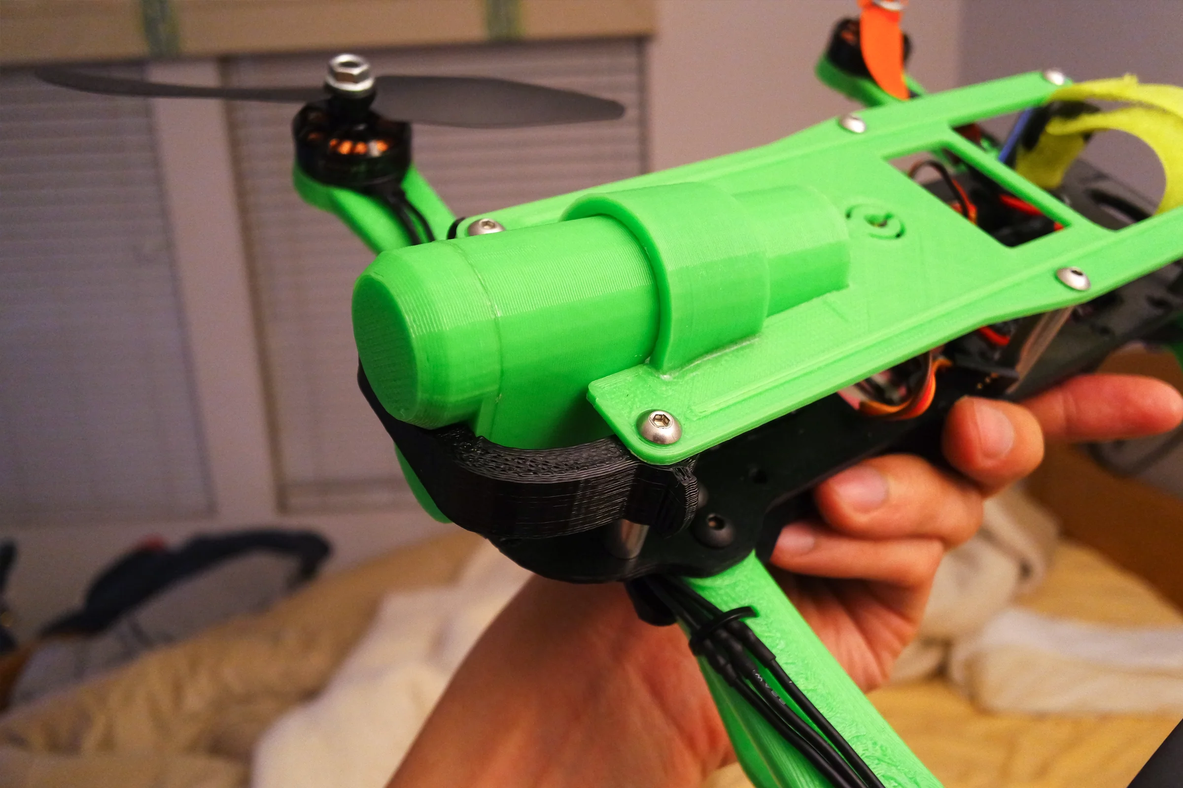 FPV Platforms and Goggle System — Drone 3 green H-frame assembly with electronics before camera installation