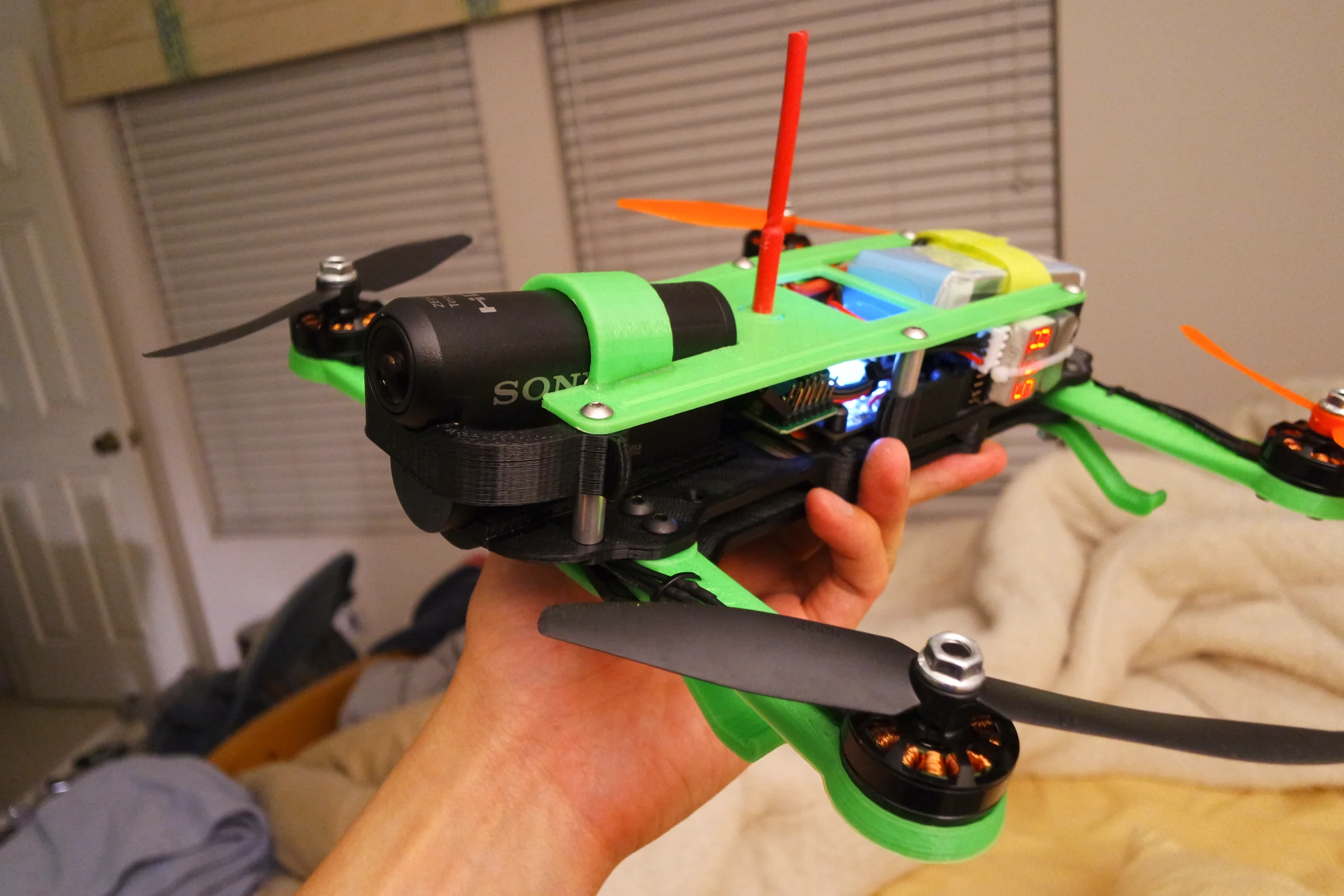 FPV Platforms and Goggle System — Drone 3 with Sony Actioncam integrated flush into front cutout held by toolless clip