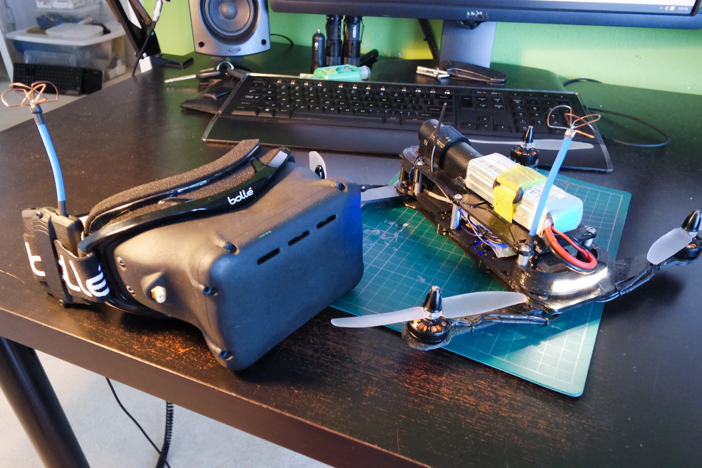 FPV Platforms and Goggle System — Drone 5 CAD showing H-frame with CF arms, low deck, and integrated FPV front clip
