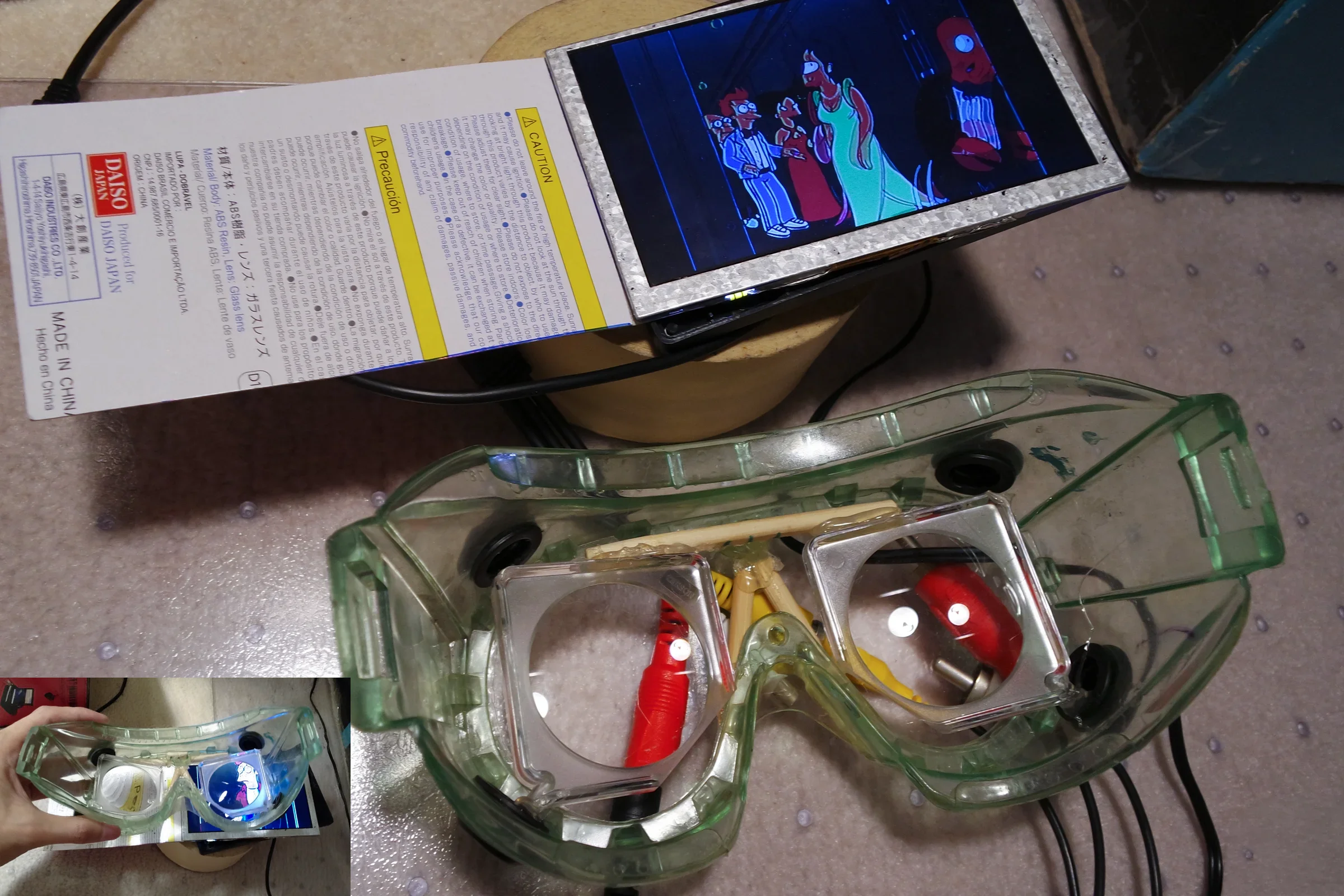 FPV Platforms and Goggle System — Snowboarding goggle with lens removed as foundation for custom FPV headset