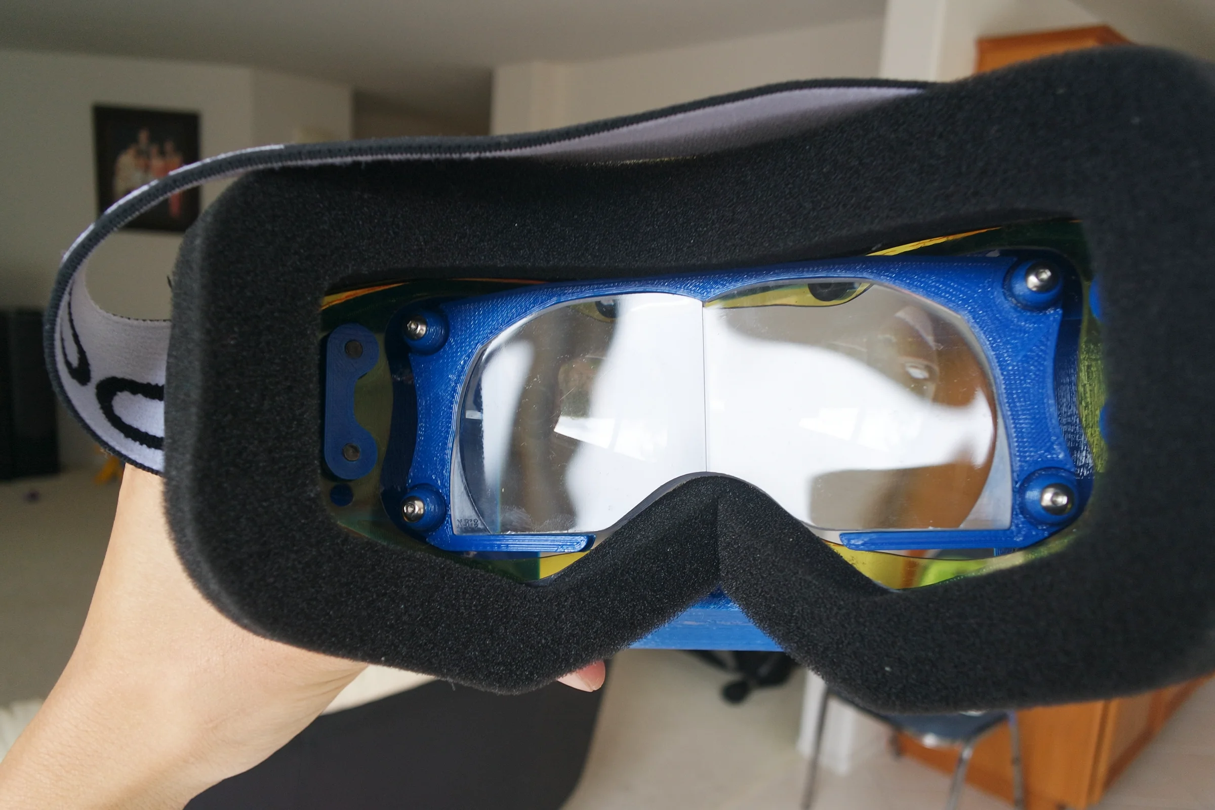 FPV Platforms and Goggle System — Snowboarding goggle with lens removed as foundation for custom FPV headset