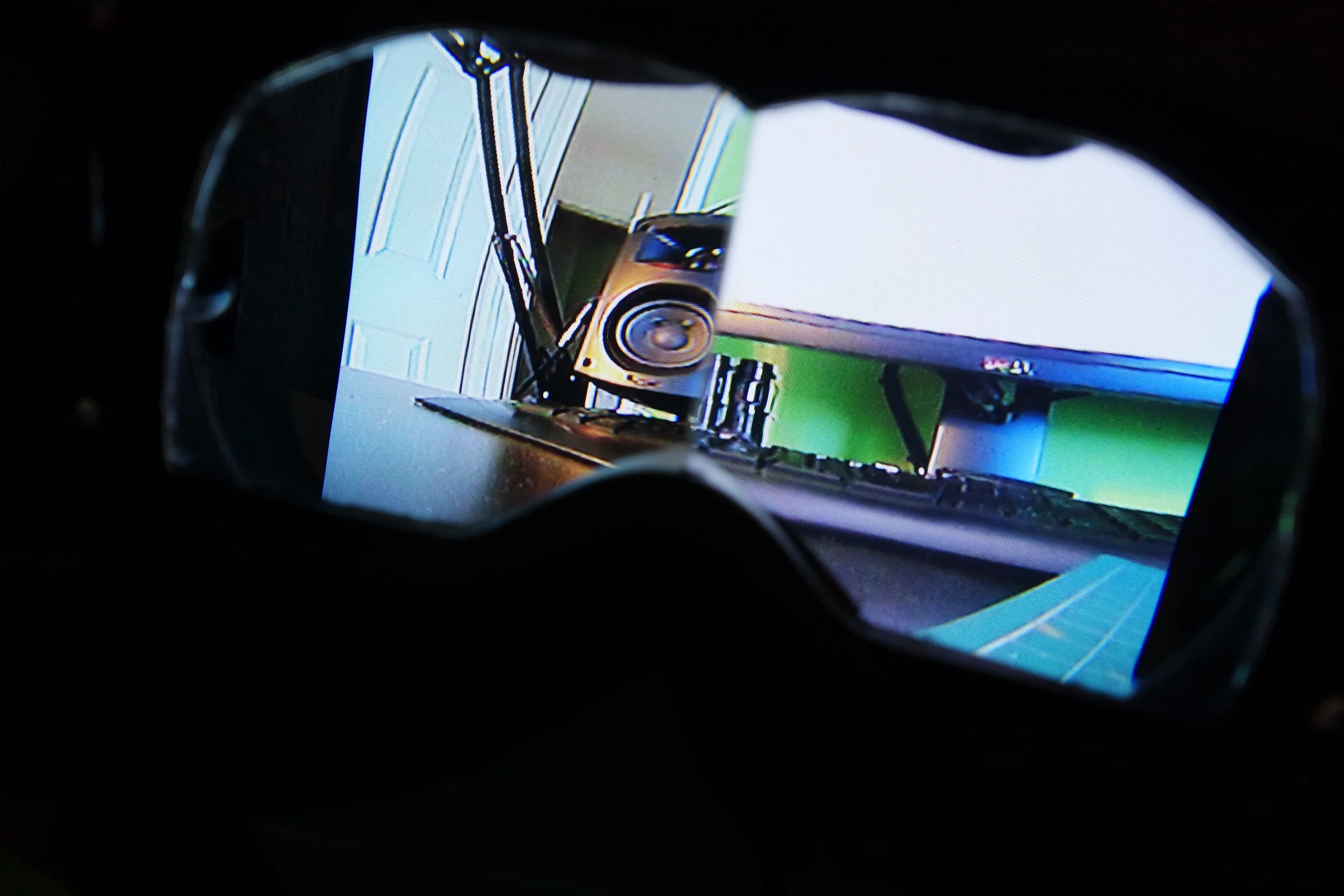 FPV Platforms and Goggle System — Snowboarding goggle with lens removed as foundation for custom FPV headset
