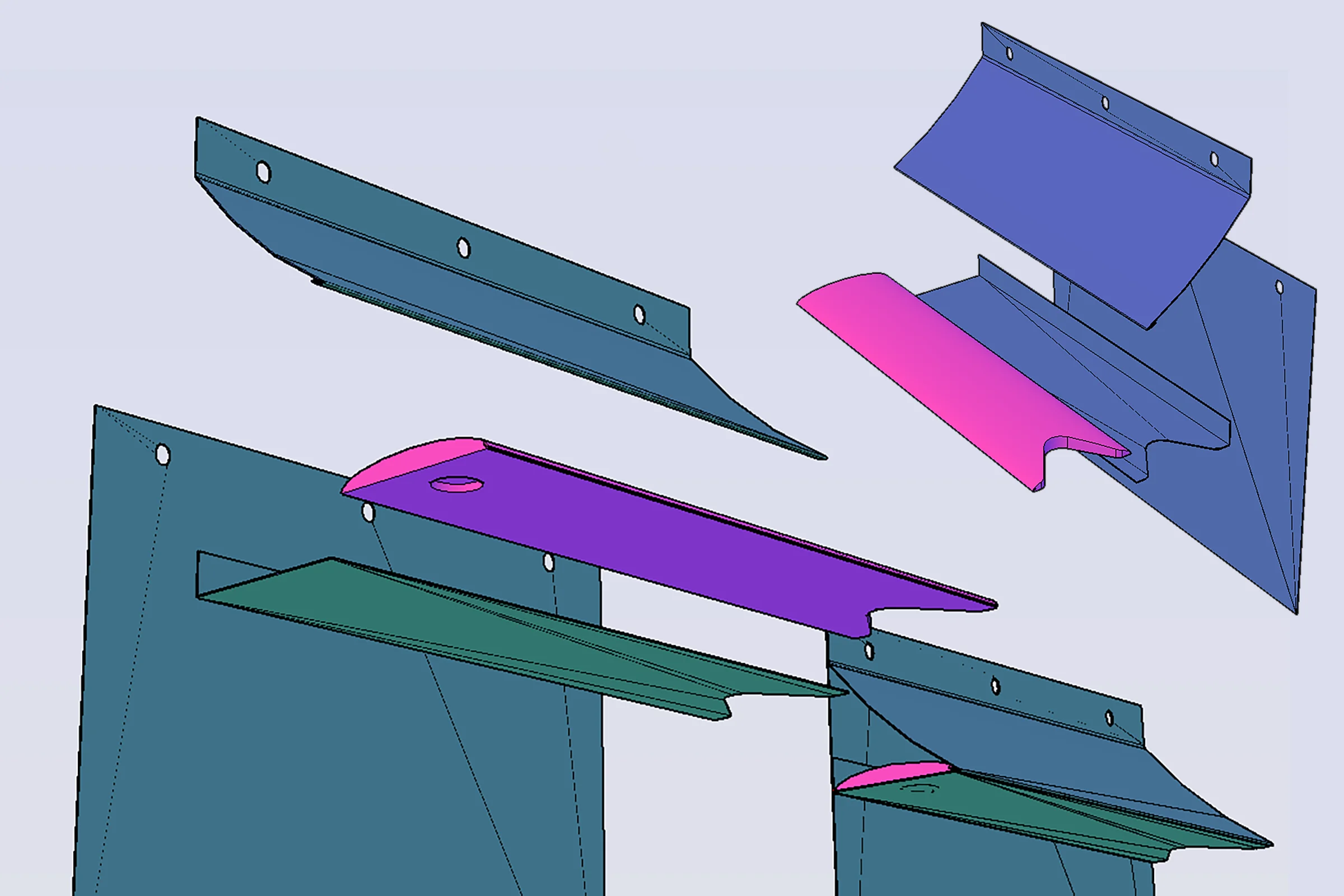Hunter Douglas Rescue — SolidWorks CAD model integrating polysheet latch, rigid deck, and tumbling magnet cavity geometry