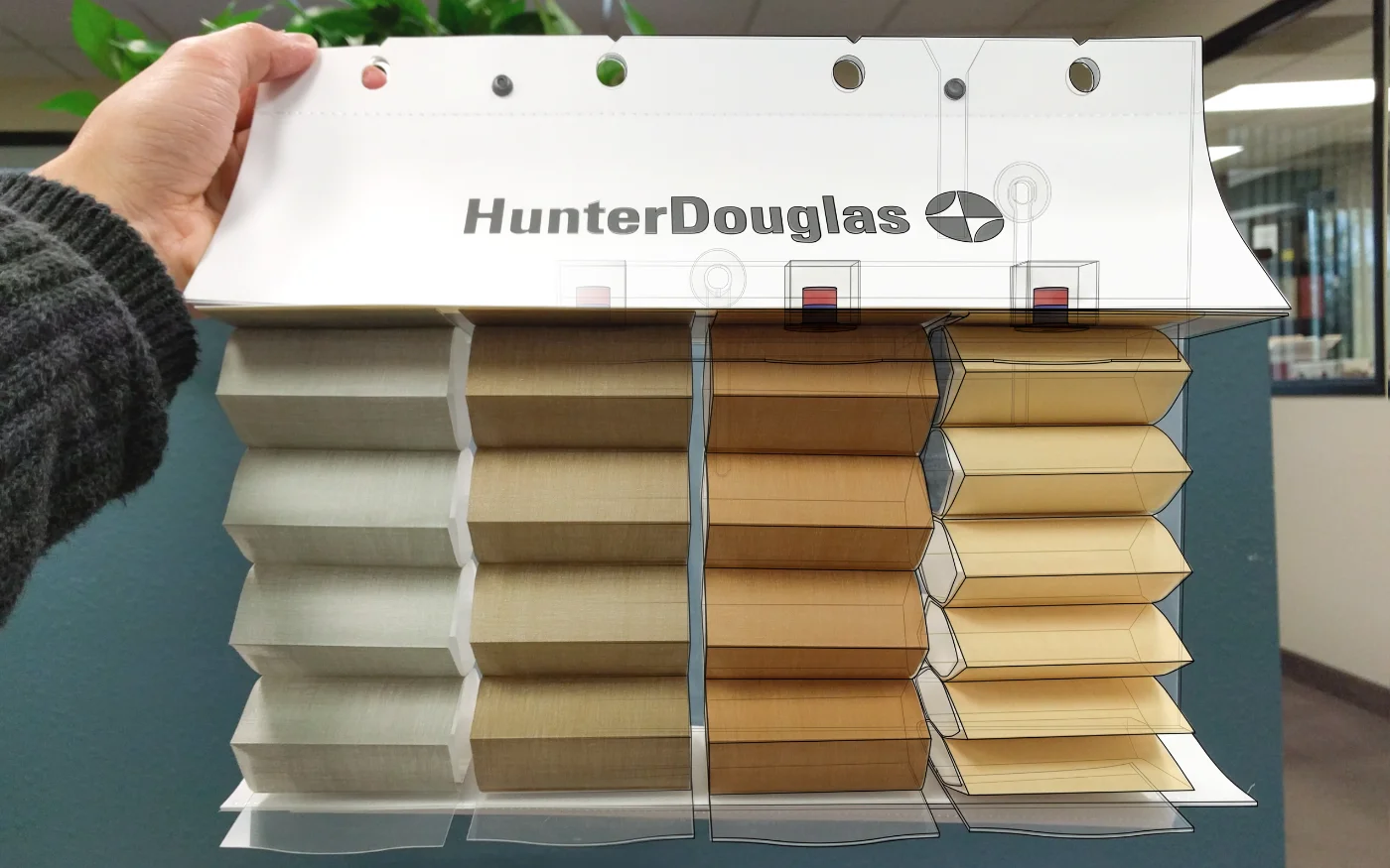 Hunter Douglas $6M Rescue — Final production window cling with four honeycomb swatch columns fully expanded, zero-CapEx solution shipped 24,000 units on schedule