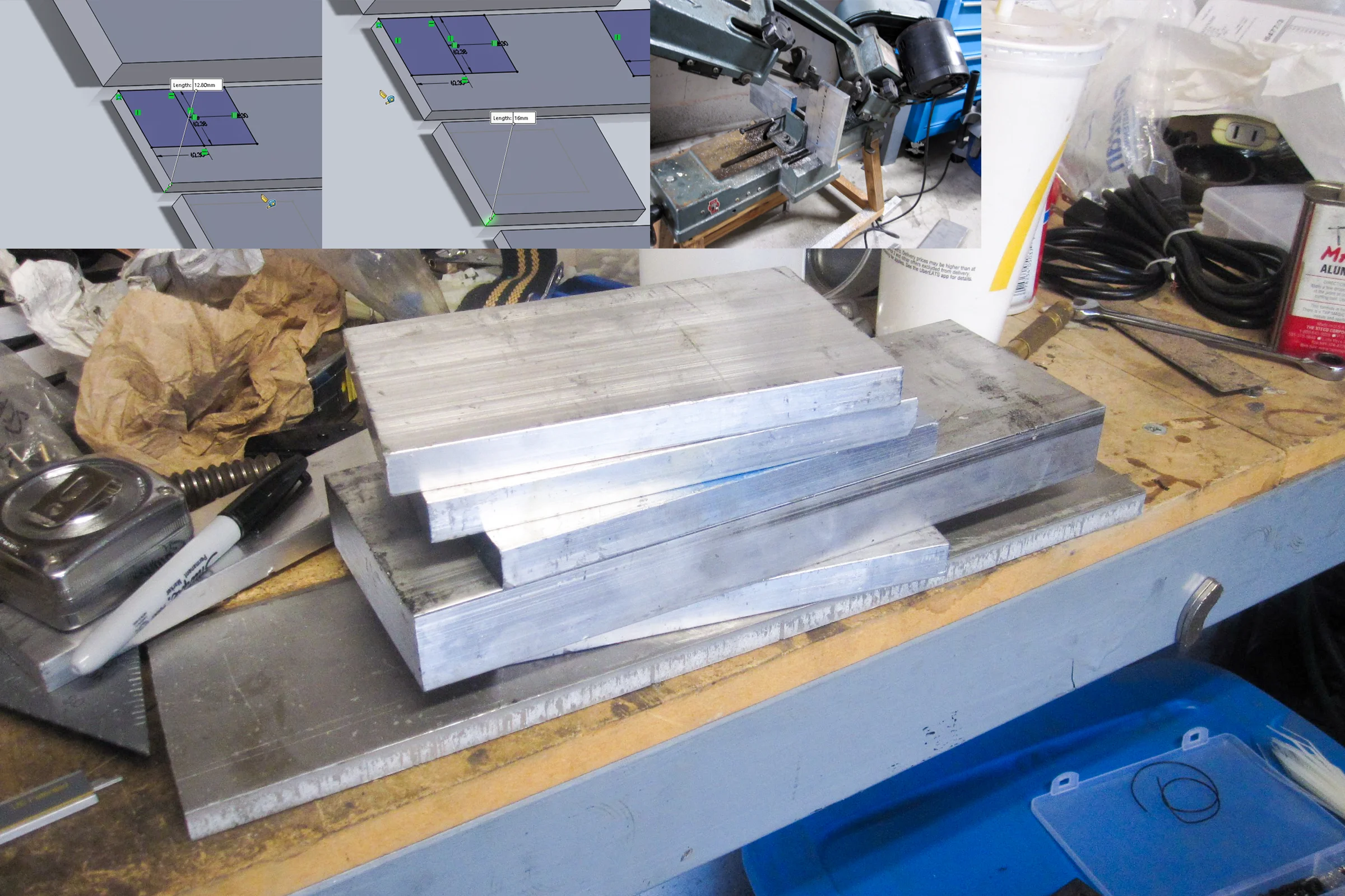 The Mill Trilogy — Raw 6061 aluminum stock and hardware components laid out before CNC conversion machining begins