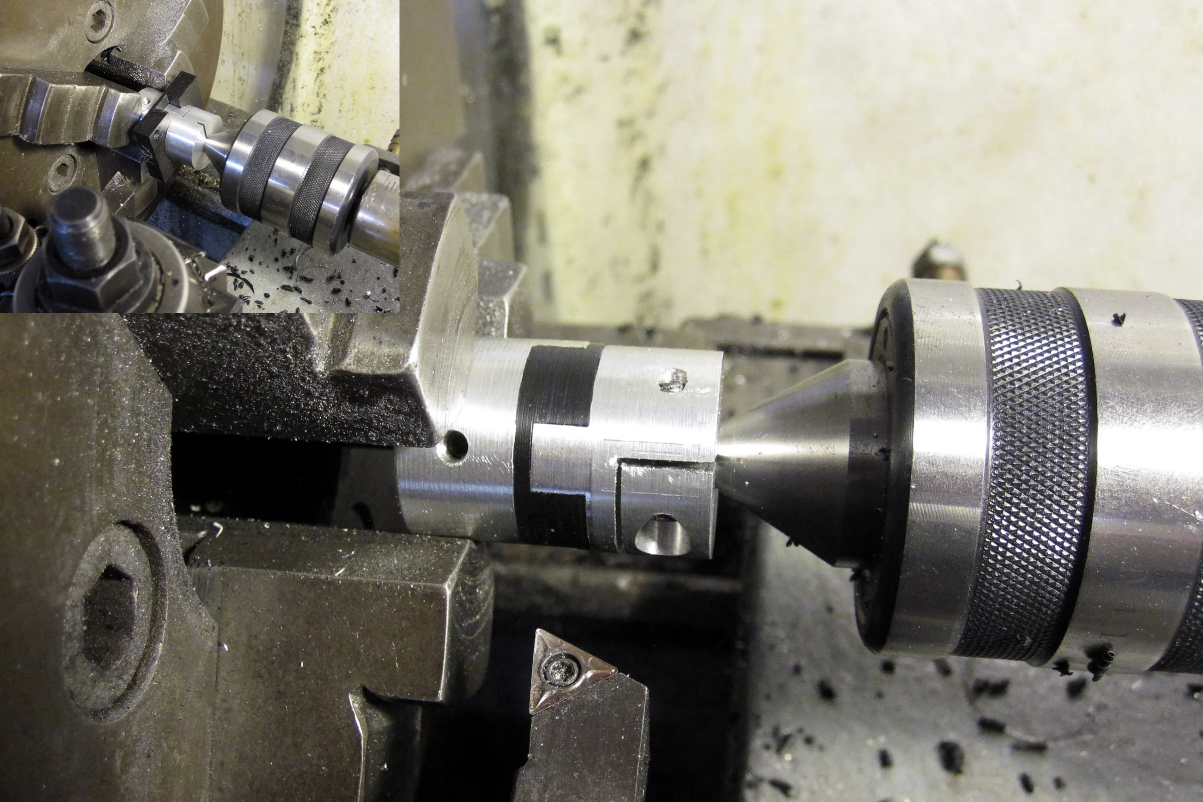 The Mill Trilogy — Delrin Oldham coupling center disk being turned to final OD on lathe