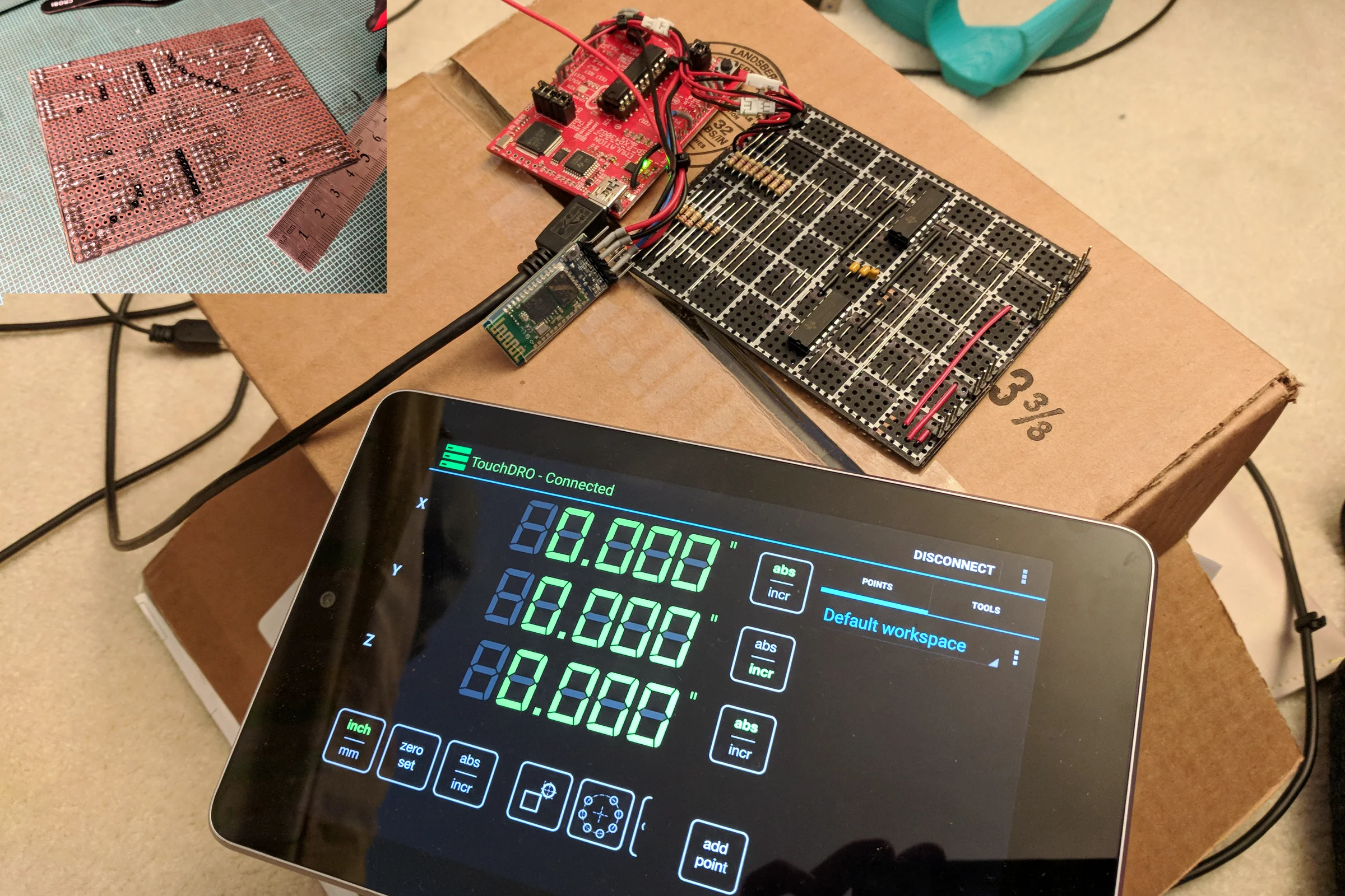 The Mill Trilogy — Android tablet showing live three-axis DRO readout from internal digital caliper scales