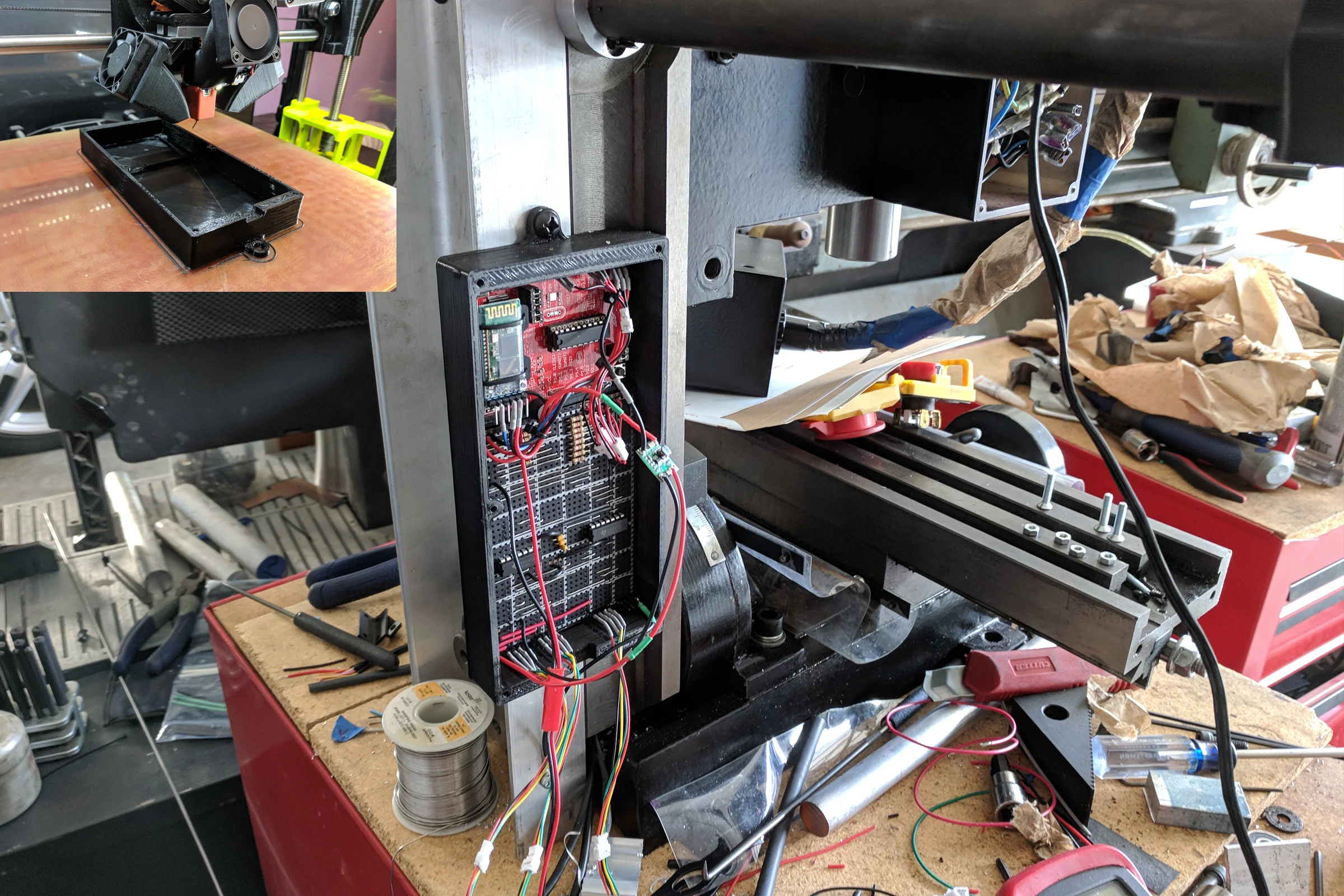 The Mill Trilogy — Open-source DRO interface circuit board mounted on mill connecting internal scales to Android tablet display