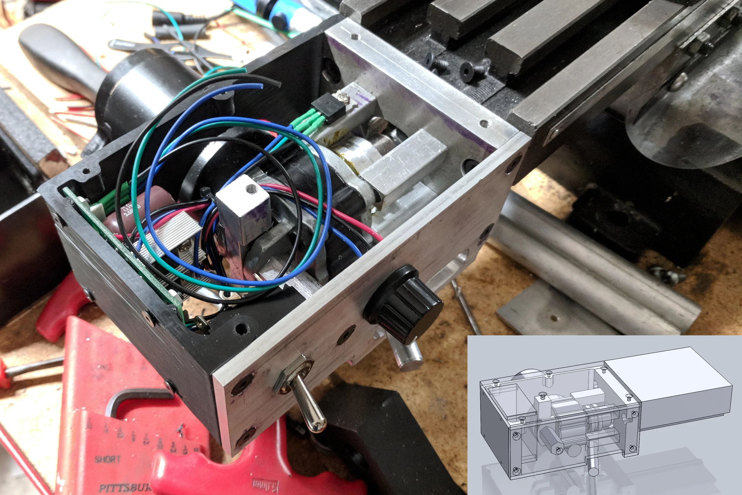 The Mill Trilogy — Custom X-axis power feed machined from 6061 aluminum, one-third the size of commercial unit, designed to look factory-integrated