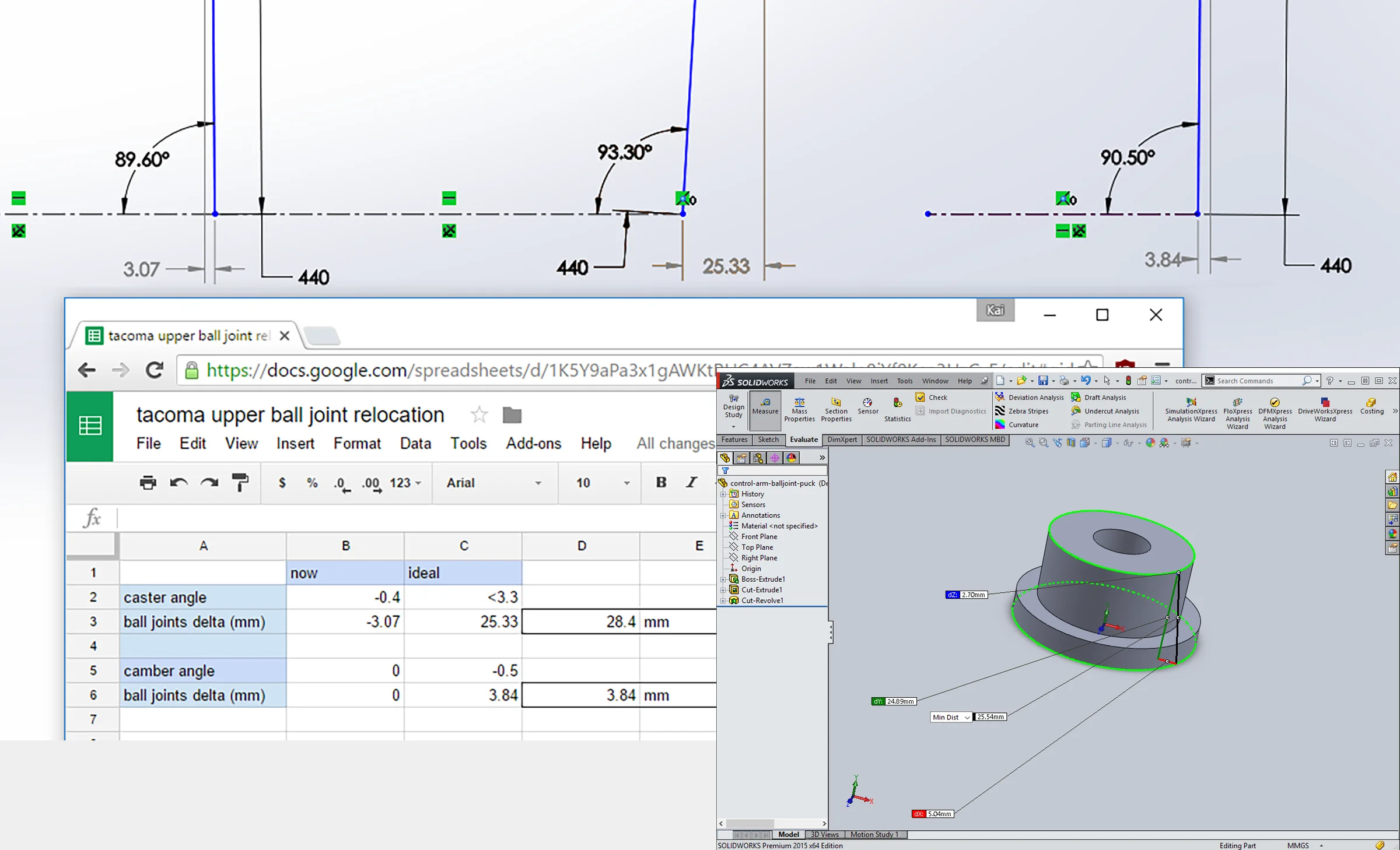 Suspension Geometry Correction — SolidWorks model of factory upper control arm geometry showing corrected ball joint mount position and angle