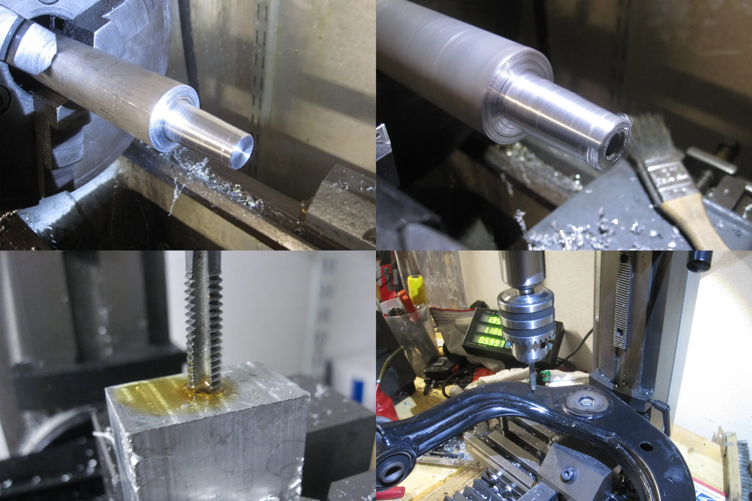 Suspension Geometry Correction — Factory upper control arm held at compound angle on mini mill using custom fixture for pocket milling operation