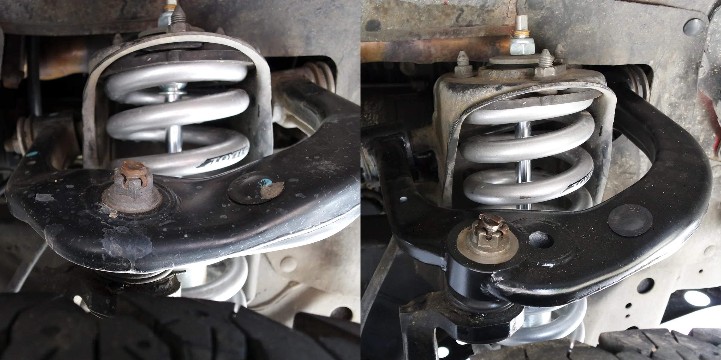 Suspension Geometry Correction — Tacoma front suspension at lifted ride height with modified control arms and corrected geometry