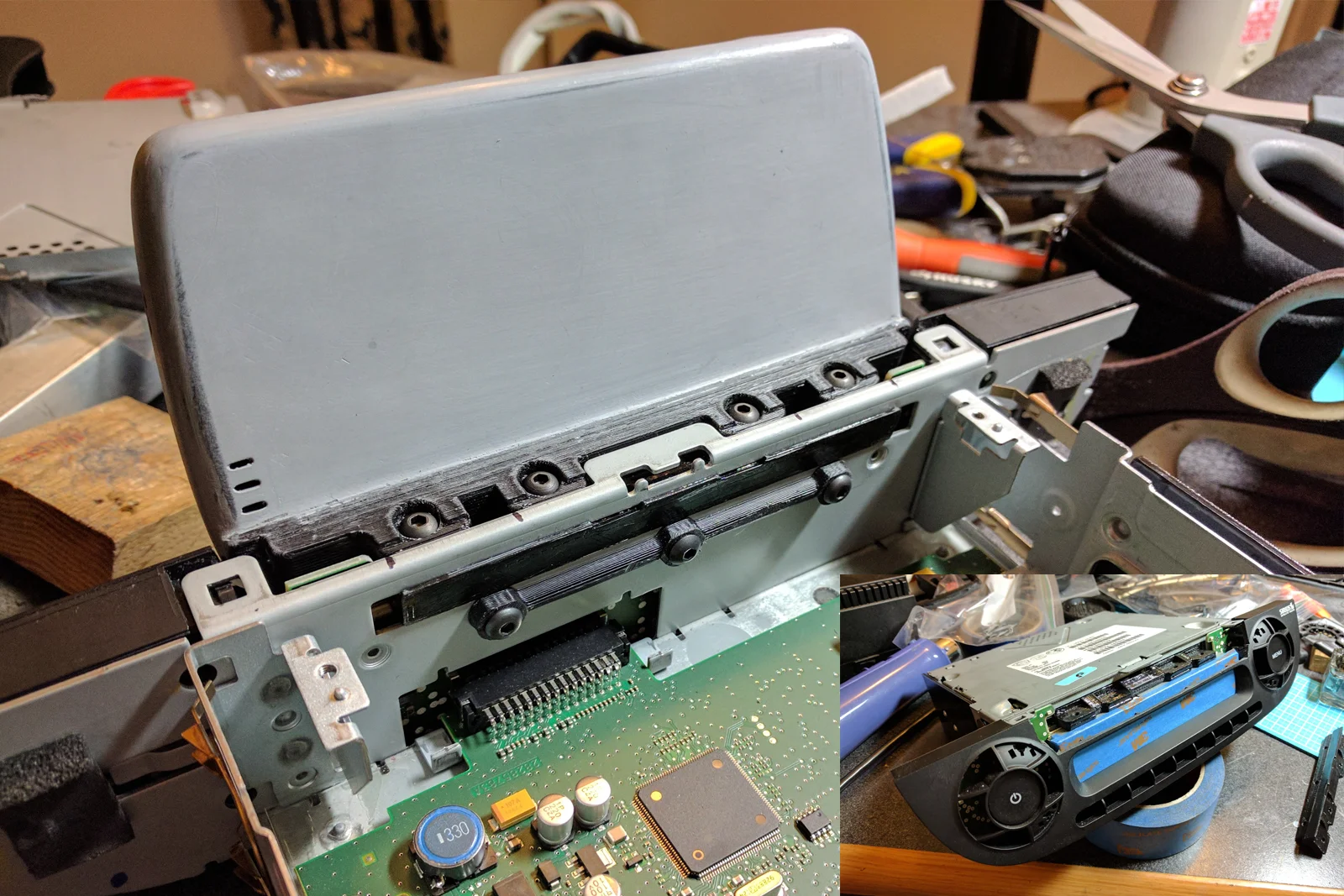 Vehicle Integrated Compute — Factory Tacoma head unit PCB showing ribbon cable audio signal intercept point