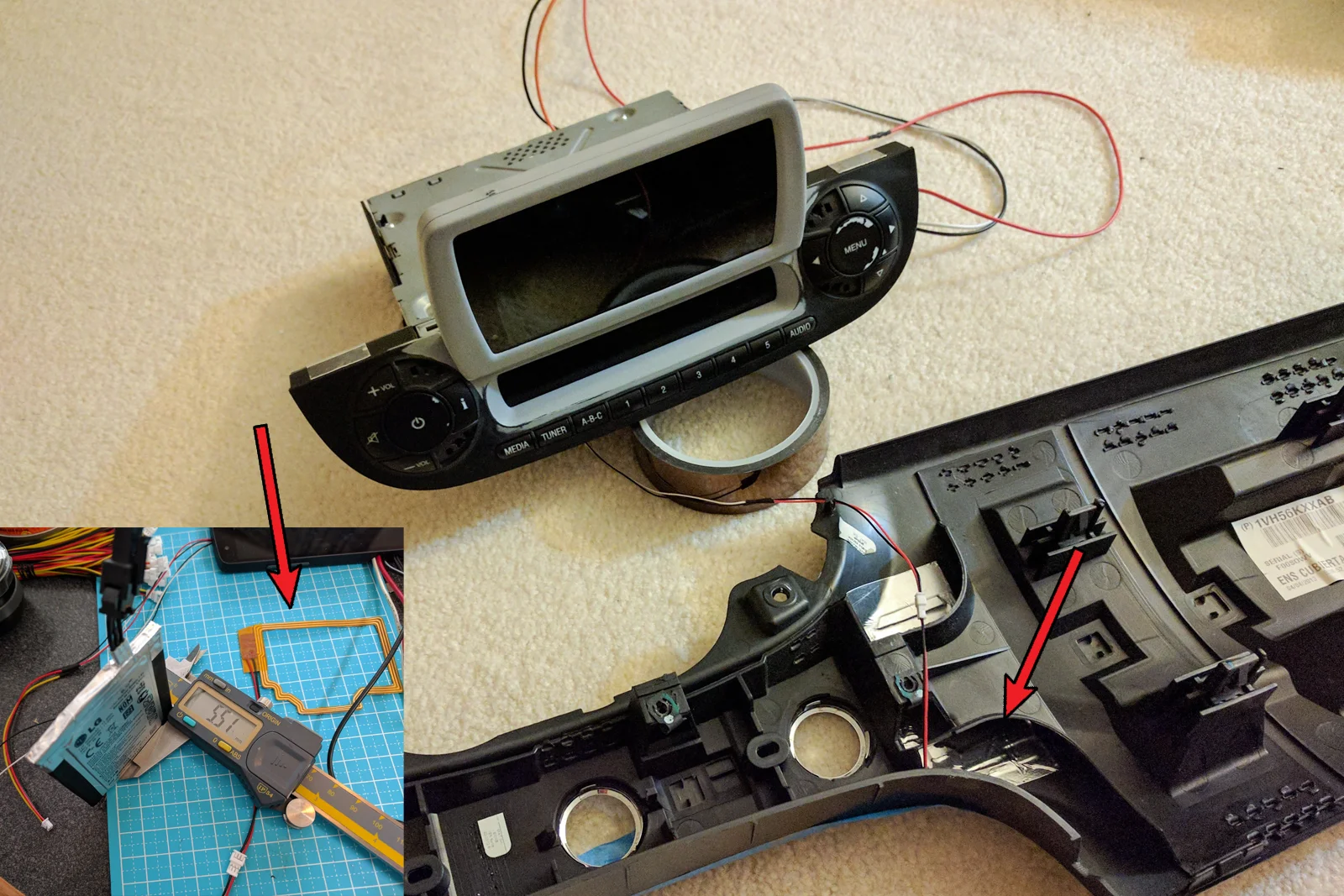 Vehicle Integrated Compute — Factory Tacoma head unit PCB showing ribbon cable audio signal intercept point