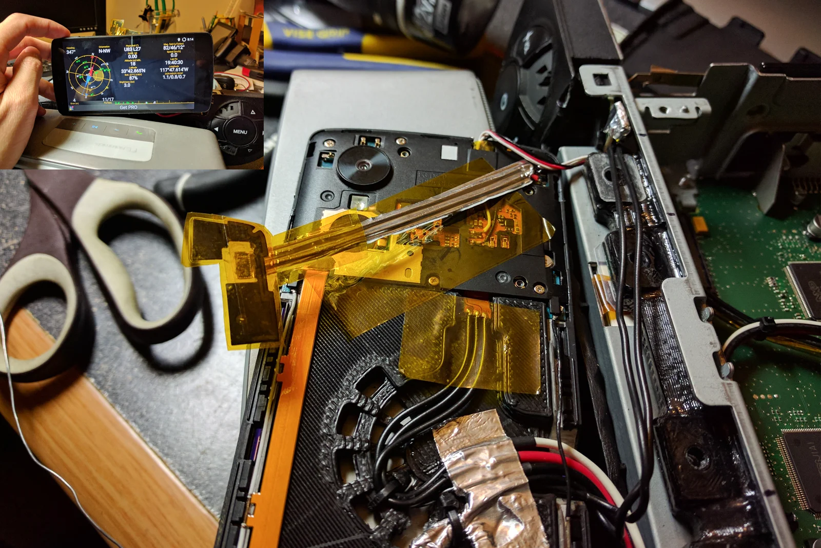 Vehicle Integrated Compute — Moto G phone disassembled with external button wiring and harness installed